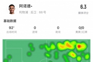 阿诺德本场数据：11次被过，14次对抗赢得3次，5次解围