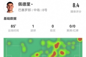 佩德里本场1球+1关键传球 5抢断2拦截 10对抗6成功 获评8.4分