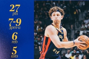 三分9中7轰27+6+5！勇士官方发布波杰姆数据海报：本场最佳球员