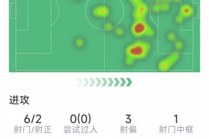 凯恩本场数据：6射2正，1次中框，3次错失良机，2次关键传球
