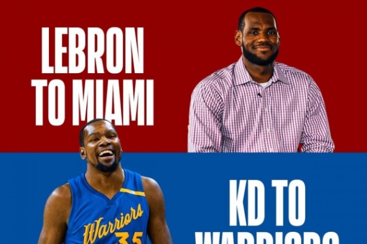 美媒：詹姆斯去热火 杜兰特去勇士 东眉交易 哪个对NBA影响最大？