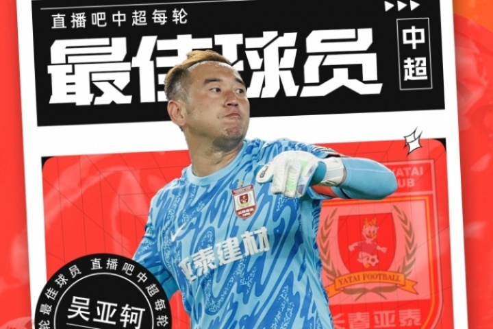 【直播吧】中超第21轮最佳球员：34岁吴亚轲当选，天神下凡抢3分!