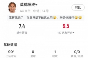 莫德里奇数据：1个助攻，4次关键传球，传球成功率91.5%，评分7.4