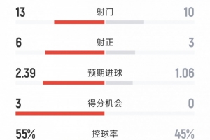 切尔西2-0富勒姆全场数据：射门13-11，射正6-3，得分机会3-0